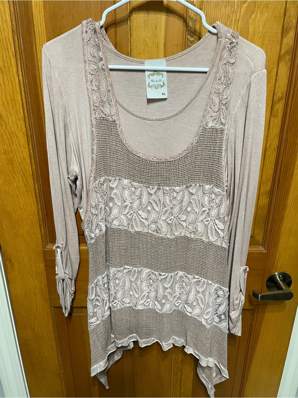 Fleur de Lis Dusty Rose Pink Shirt Lace Cottage Core Cotton Feminine Top, XL